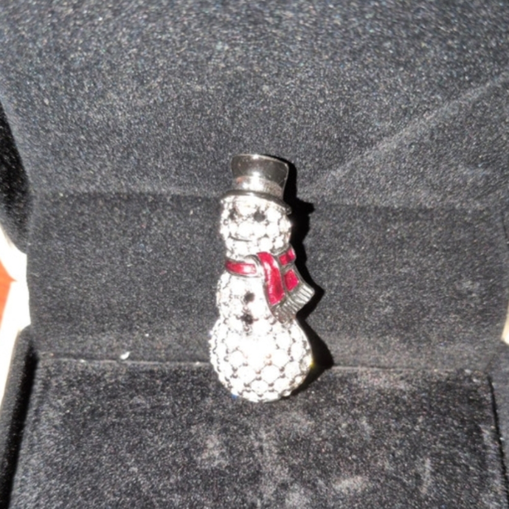 Swarovski Crystal Snowman Pin with Red Scarf and Black Hat